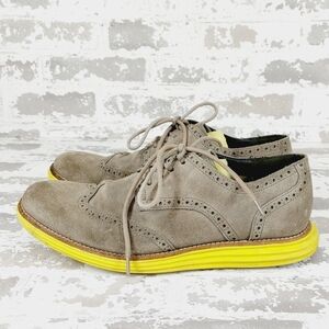 Cole Haan Men's Lunargrand Lace Up Suede Shoes Grey Yellow Wingtip Oxfords T295